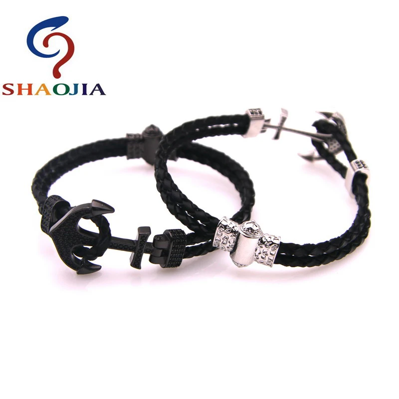 2020 Новый плетеный кожаный браслет с якорем из микроциркона шармами для мужчин и