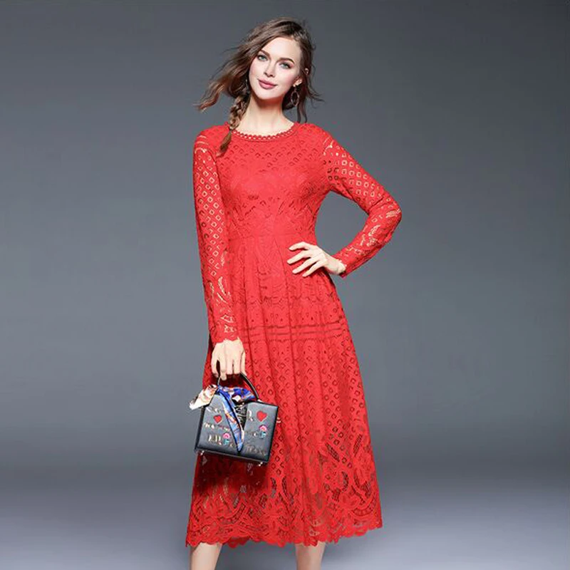 Высокое качество 2017 женское богемное кружевное платье Весна Осень вязанное