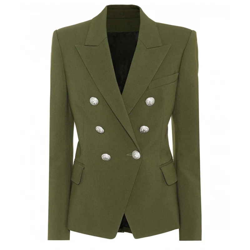 HIGH STREET New Stylish 2021 Designer Blazer Women's Classic Lion Silver Buttons Double Breasted Blazer Jacket Olive Green
