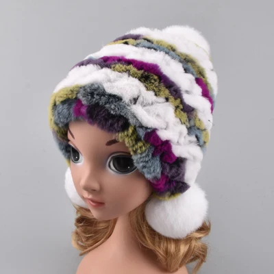 multicolor 1 Зимние меховые шапки для девочек из натурального меха кролика Рекс, шапка-ушанка с шариками, детская вязаная шапка с помпоном ручной вязки, шапочки, шарф-кольцо - Цвет: multicolor 1
