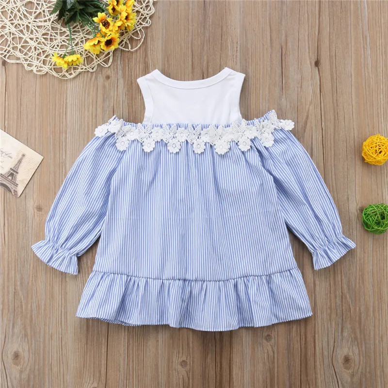 Spring Autumn Kid Girls Dress 2018 Casual Lace Flower Patchwork Off-shoulder Striped Dresses Children Long Sleeve Princess | Детская