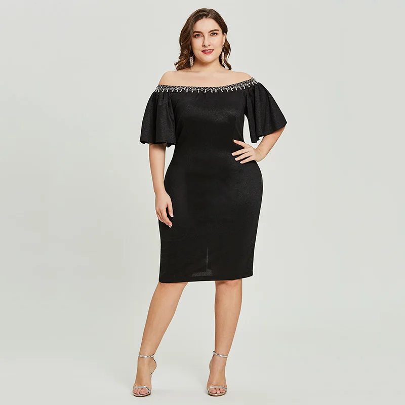 

Dressv black cocktail dress plus size off the shoulder knee length half sleeve graduation party dress elegant fashion dresses