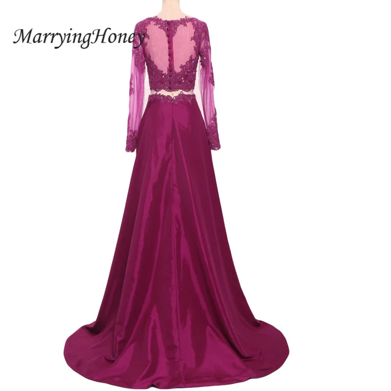 Sexy Sheer Long Sleeve Illusion Back Prom Dresses 2017 Crystal Lace A-line Purple Evening Gowns Vestido De Festa | Свадьбы и
