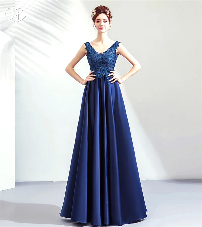 

Navy Blue A-line V-neck Tulle Lace Beading Long Formal Evening Dresses Bride Banquet Party Prom Dress XK253