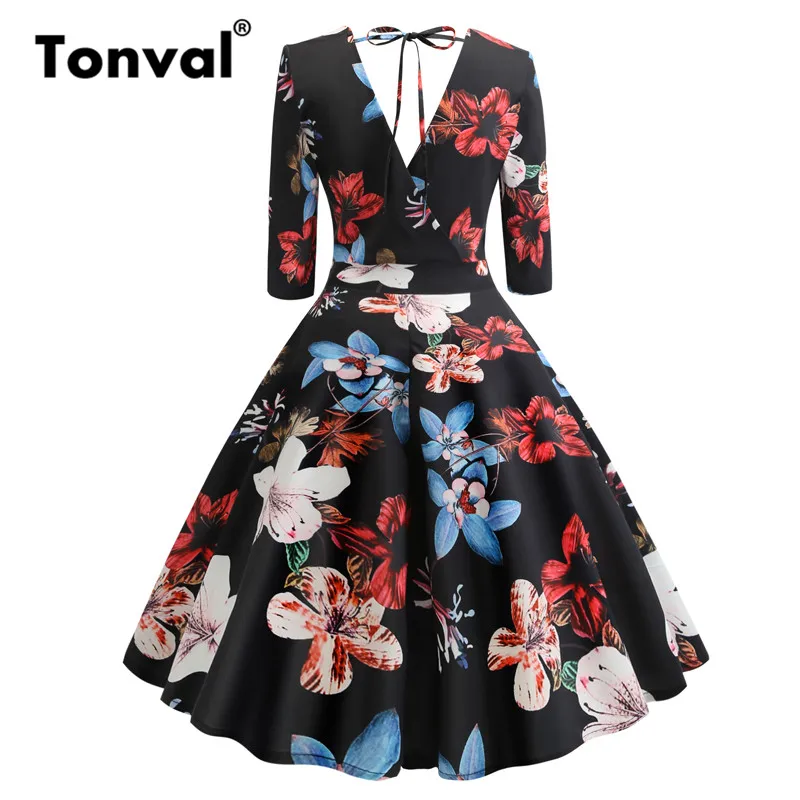 Женское платье с принтом красной розы Tonval винтажное глубоким v образным вырезом
