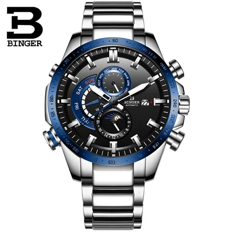silver blue B8-1 Швейцарские часы Бингер Мужские автоматические механические Роскошные Брендовые мужские часы сапфировые мужские часы светящиеся relogio masculino B8-1 - Цвет: silver blue B8-1