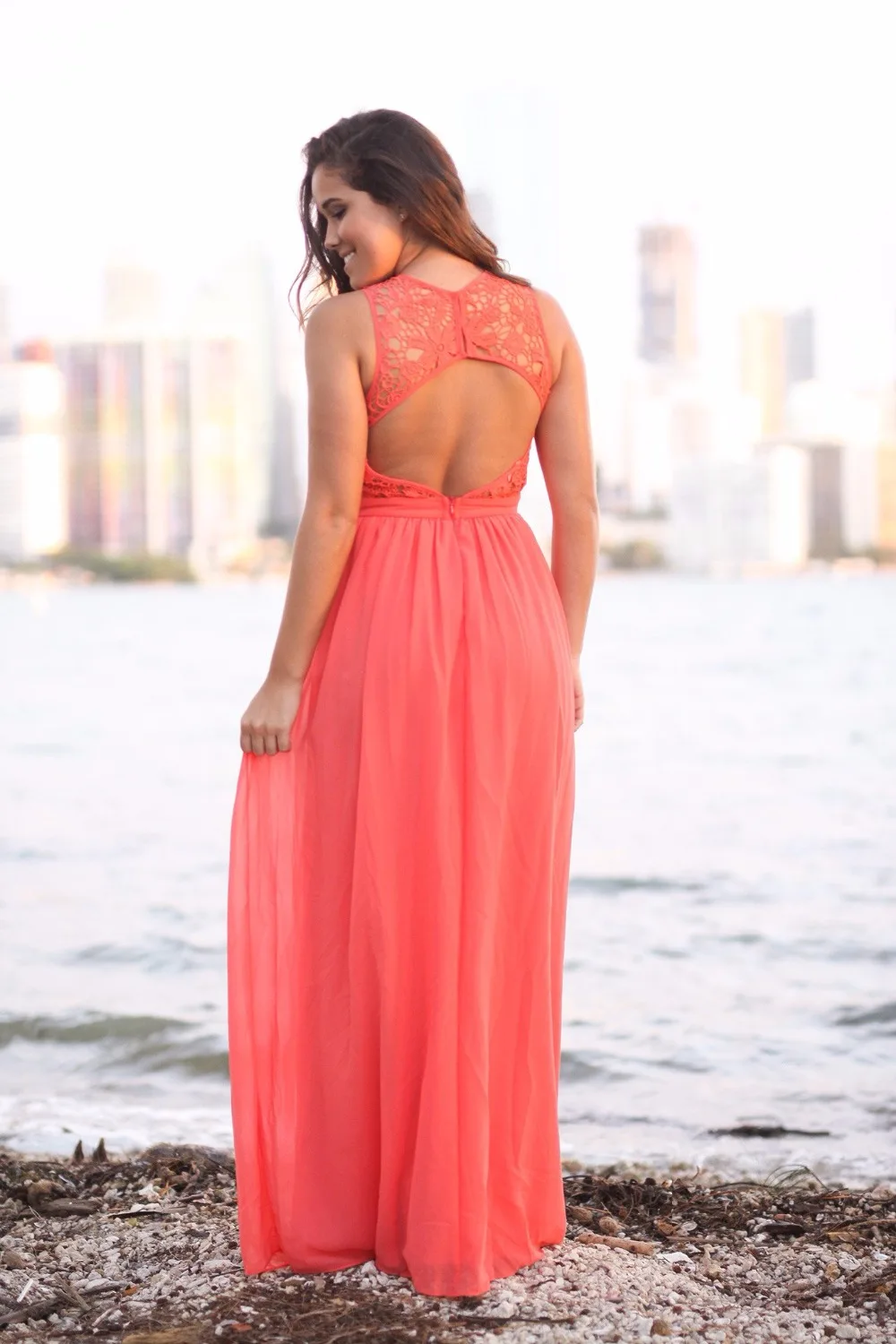 2019 новый коралловый пляжное платье для подружки неветы Длинные без рукавов