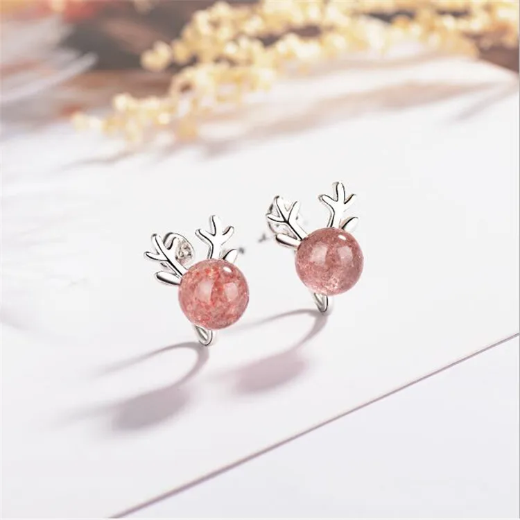 LULU-PIG 925 Серебряные лося клипсы для ушей женские милые рога натуральные розовые