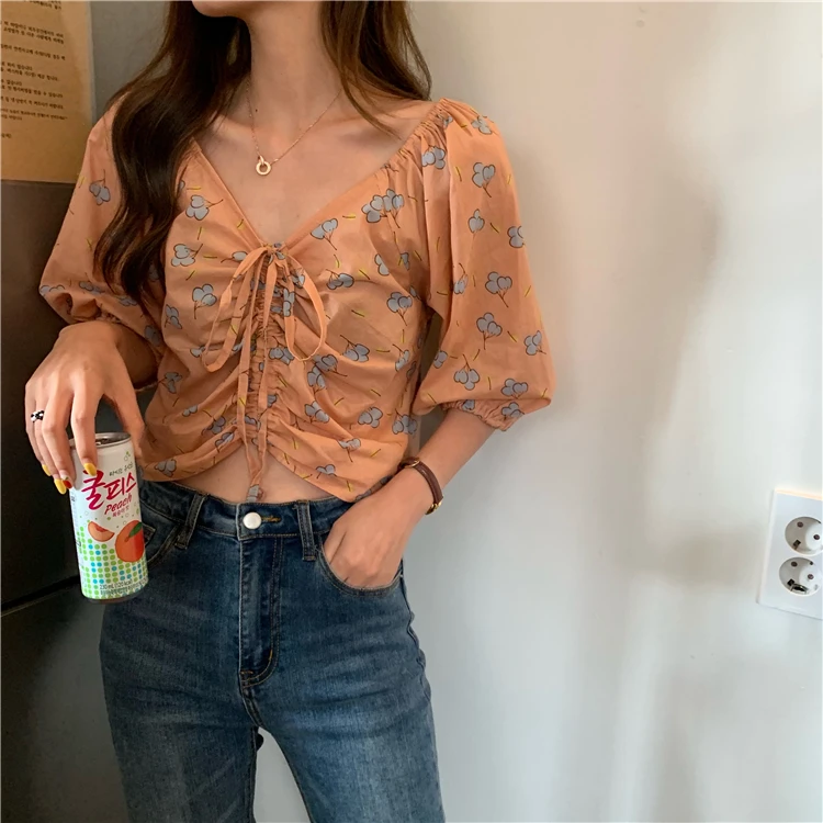 fashion puff sleeve Drawstring lace up summer new v-neck sweet Blouses Women Shirts brand Korean tops aesthetic hot ins |