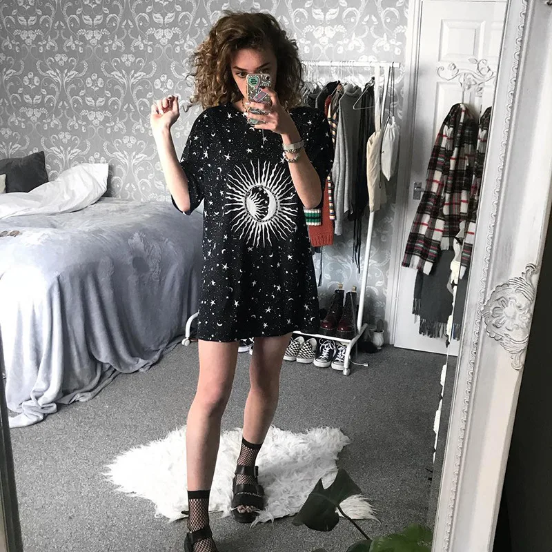 Уличная одежда 2019 черное стильное платье футболка с принтом солнца летнее