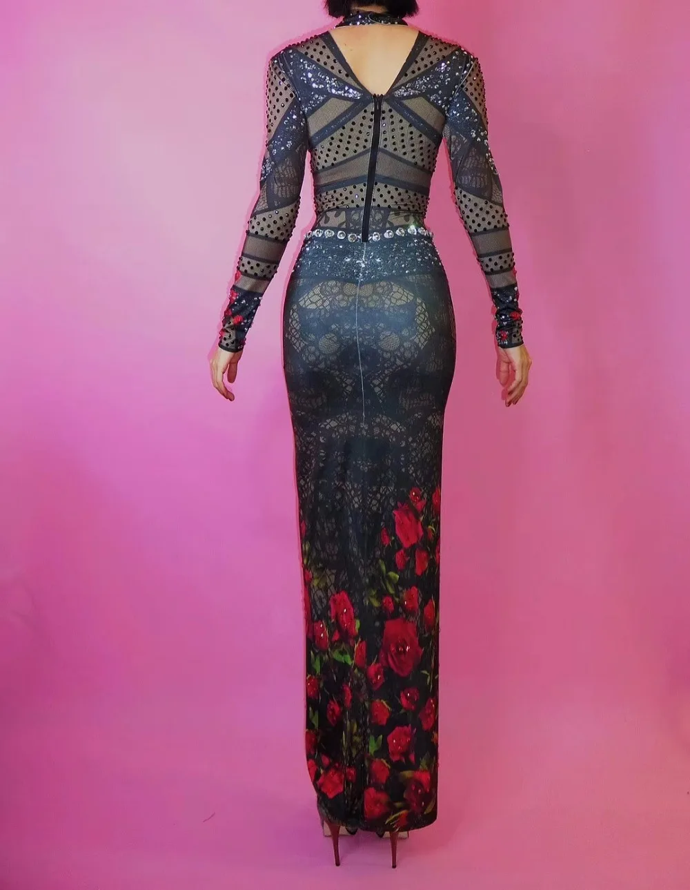 

2019 Black Rhinestones Printed Long Dress Women Birthday Celebration Party One Piece Dress Nightclub Singer Host Stage Outfits