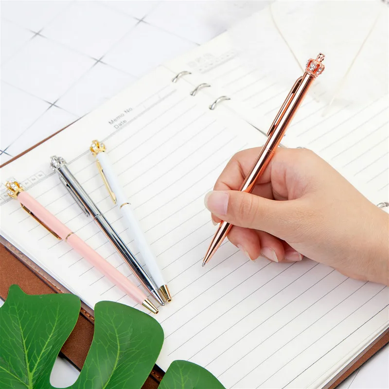 

Free Custom Logo Pen 5pcs/lot Cute Metal Crown Ballpoint Pens Student Stationery Gift Wedding Birthday Gifts Girls Office Supply