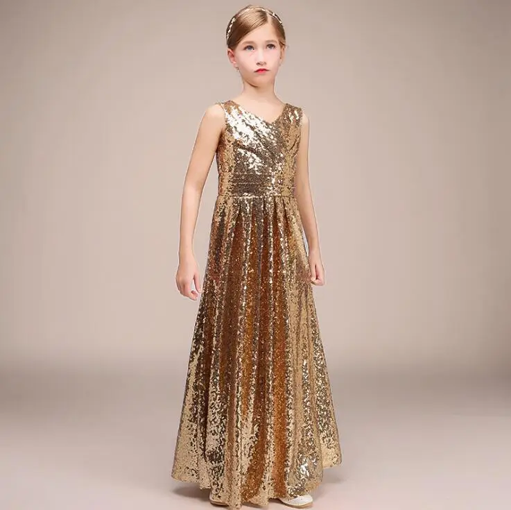 Kids Wedding Dresses Girls Gold Sequin Overall Dress Girl Party Princess Christmas Birthday Clothes for 1-13 year | Детская одежда и
