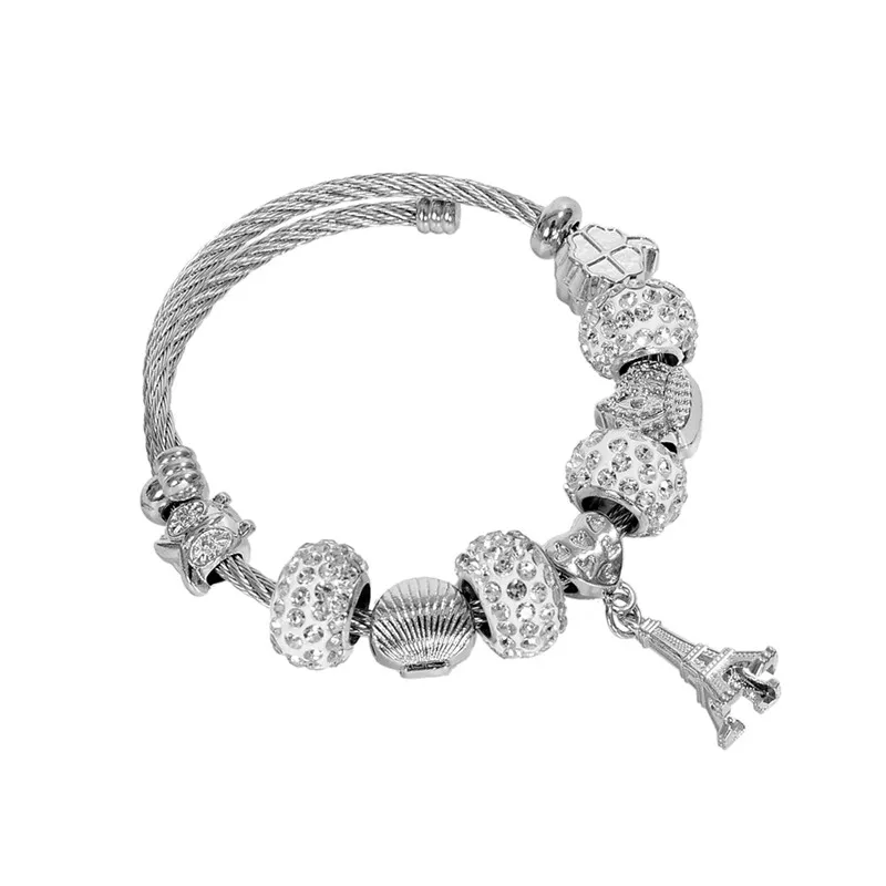 Бисер серебряного цвета браслет с подвеской в виде Парижа и Эйфелевой башни