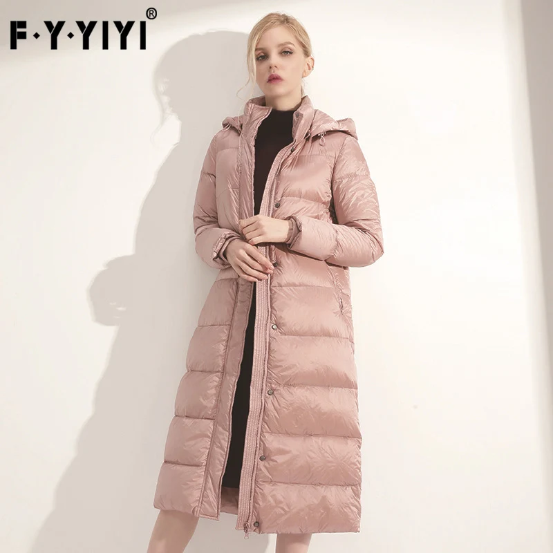 FYYIYI удлиненный женский пуховик с капюшоном тонкое длинное пальто толстый теплый