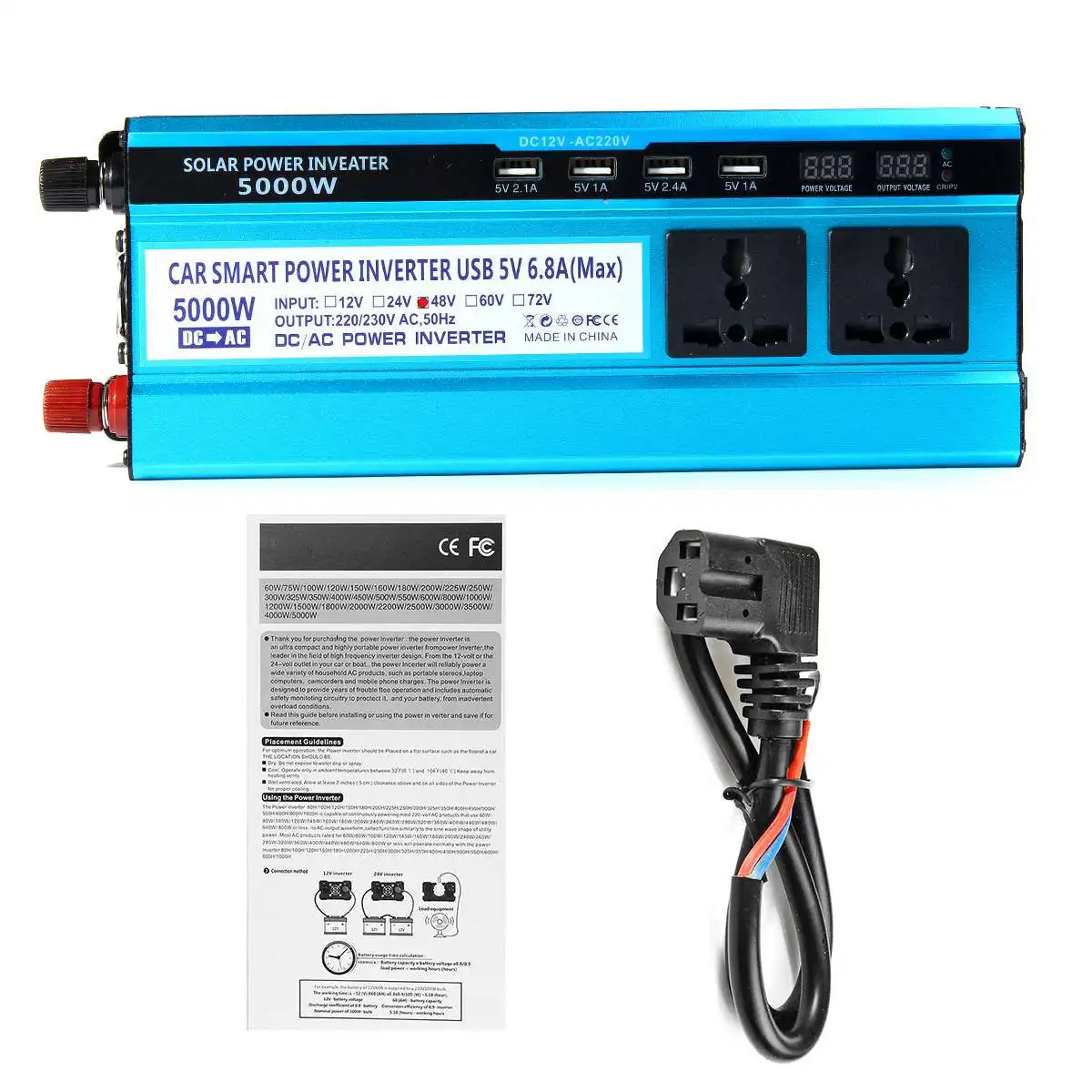 

Solar Car Home Power Inverter 12V 24V 48V to 220V 3000W 4000W 5000W Inverter Voltage Transformer Converter with 4 USB Interfaces