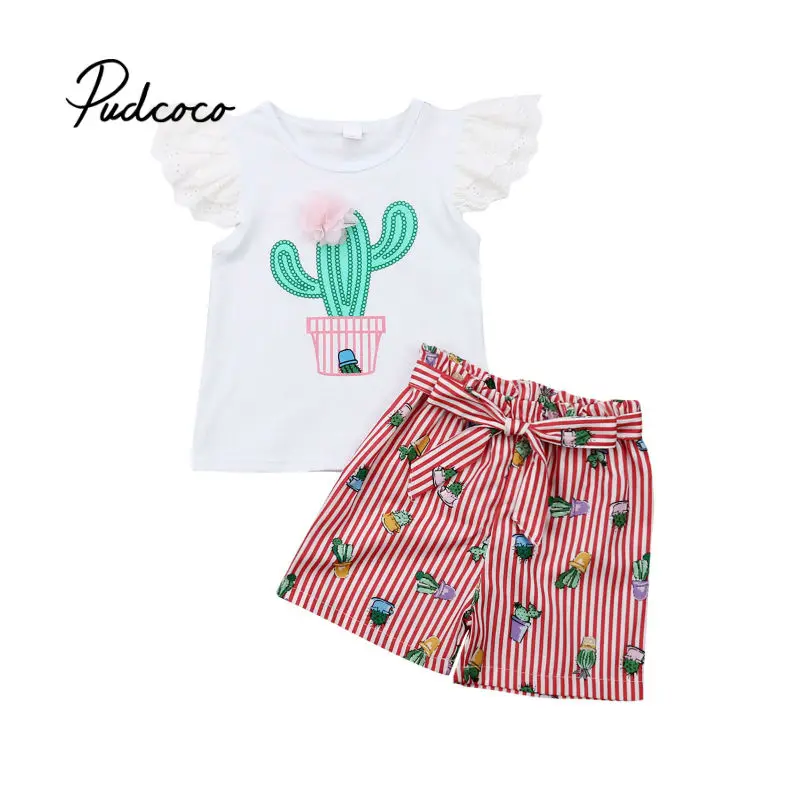 2019 Brand Infant Newborn Baby Girls Short Sleeve T-shirt Cactus Print + Striped Shorts Summer Beach Outfit Set | Детская одежда и