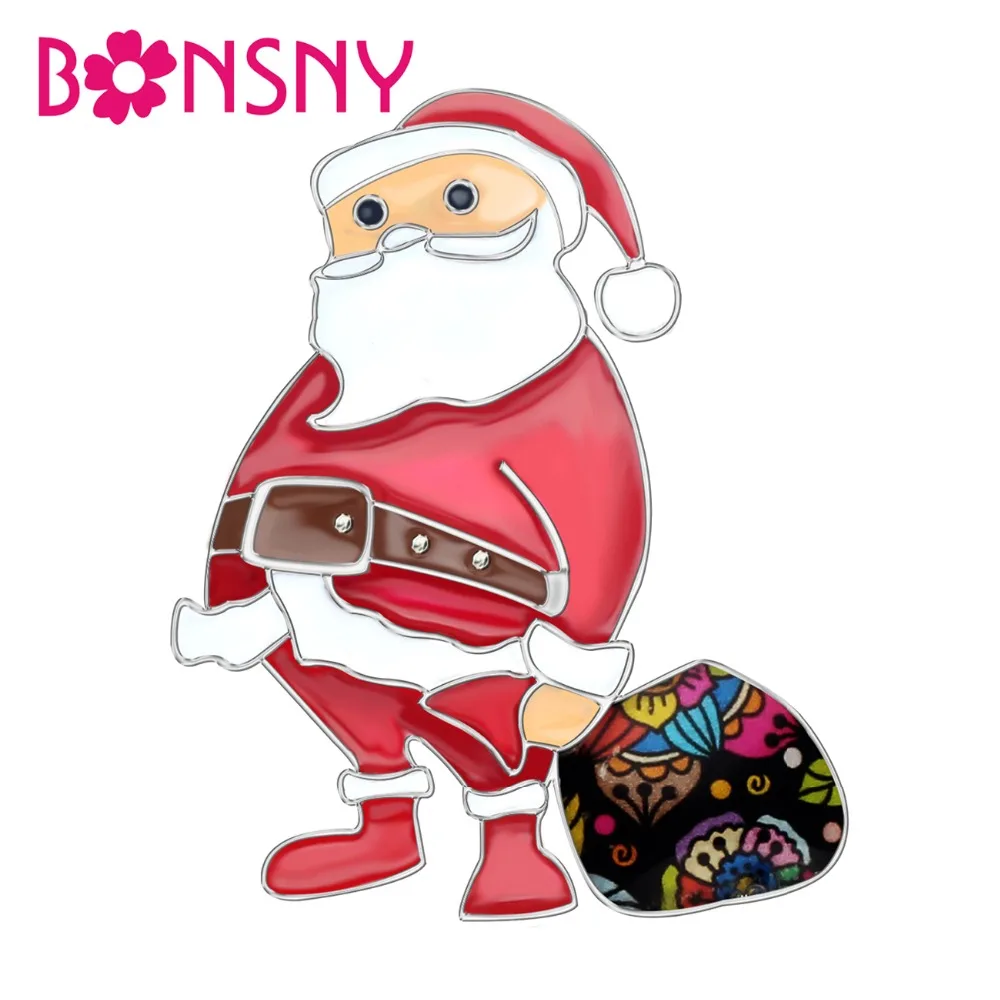 

Bonsny Enamel Alloy Christmas Cartoon Santa Claus Gift Bag Brooches Scarf Clothes Pin Jewelry For Women Girls Teen Navidad Party