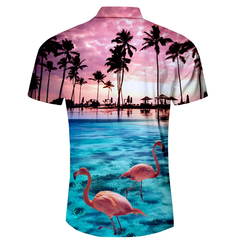 Мужская гавайская рубашка, лето, новинка, повседневная, приталенная, Camisa Masculina, фламинго/Плам, дерево, с принтом, короткий рукав, мужские пляжные рубашки