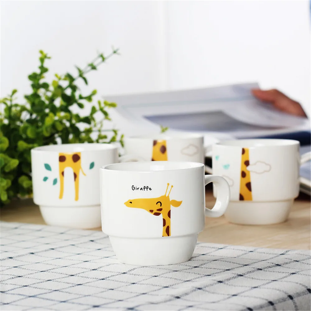 4 pcs just 150ml Stackable Cute Animal Cartoon Reusable Ceramic Office Coffee Mug Set with Chrome Stand for Tea Water and Milk | Дом и сад