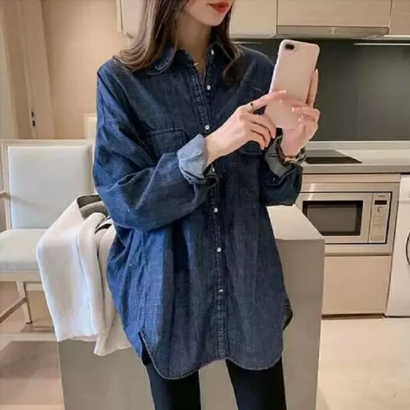 

women clothing cotton denim washed shirts long sleeve two pockets women shirts easy match LOOSE tops sping/autumn clothing