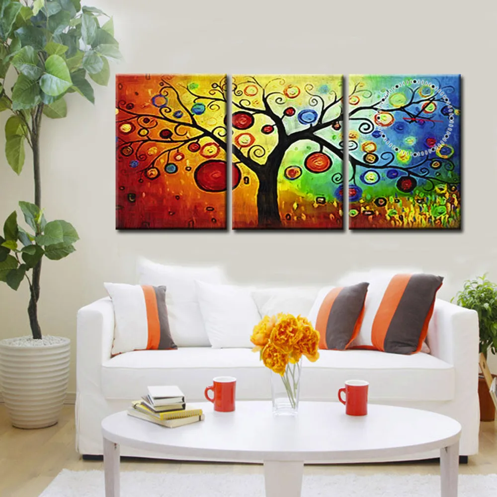 

Free Shipping E-HOME The Colorful Tree Clock in Canvas 3pcs wall clock