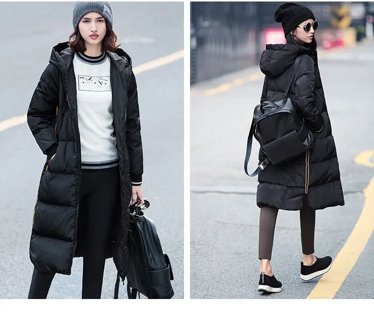 Amii повседневное плотное 90% белое пуховое пальто зимнее женское теплое одноцветное лоскутное с капюшоном размера плюс длинные куртки пальто на молнии парки