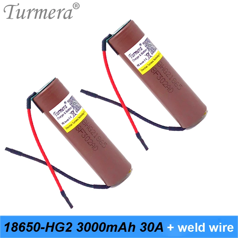 Turmera для HG2 18650 3000mAh перезаряжаемый аккумулятор для электронных сигарет высокоразрядный, 30A высокий ток+ DIY Силикагель кабель fe