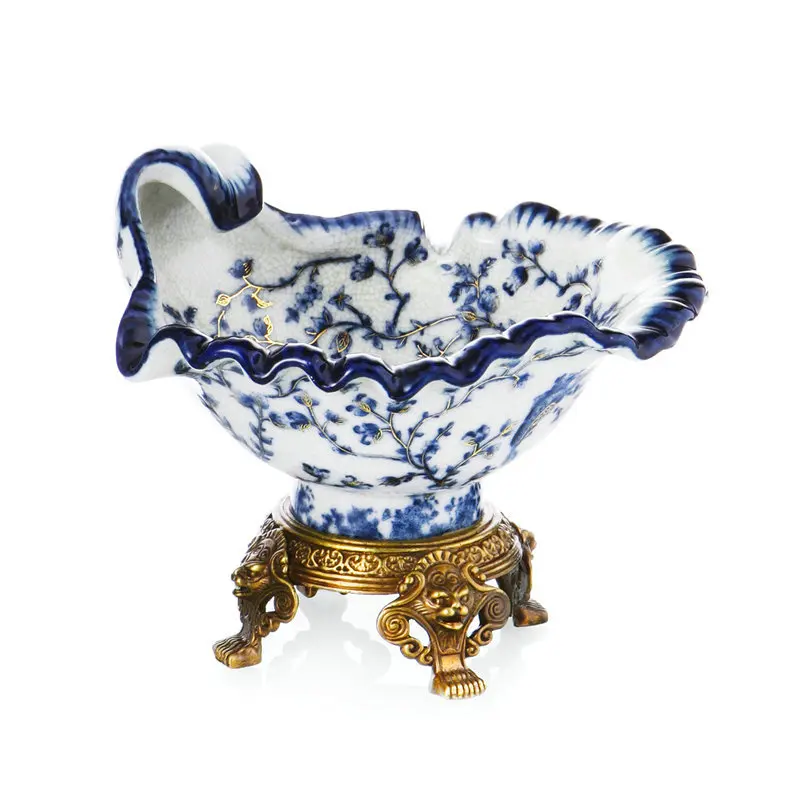 Ретро сине-белая керамическая инкрустированная медная чаша в виде ракушки