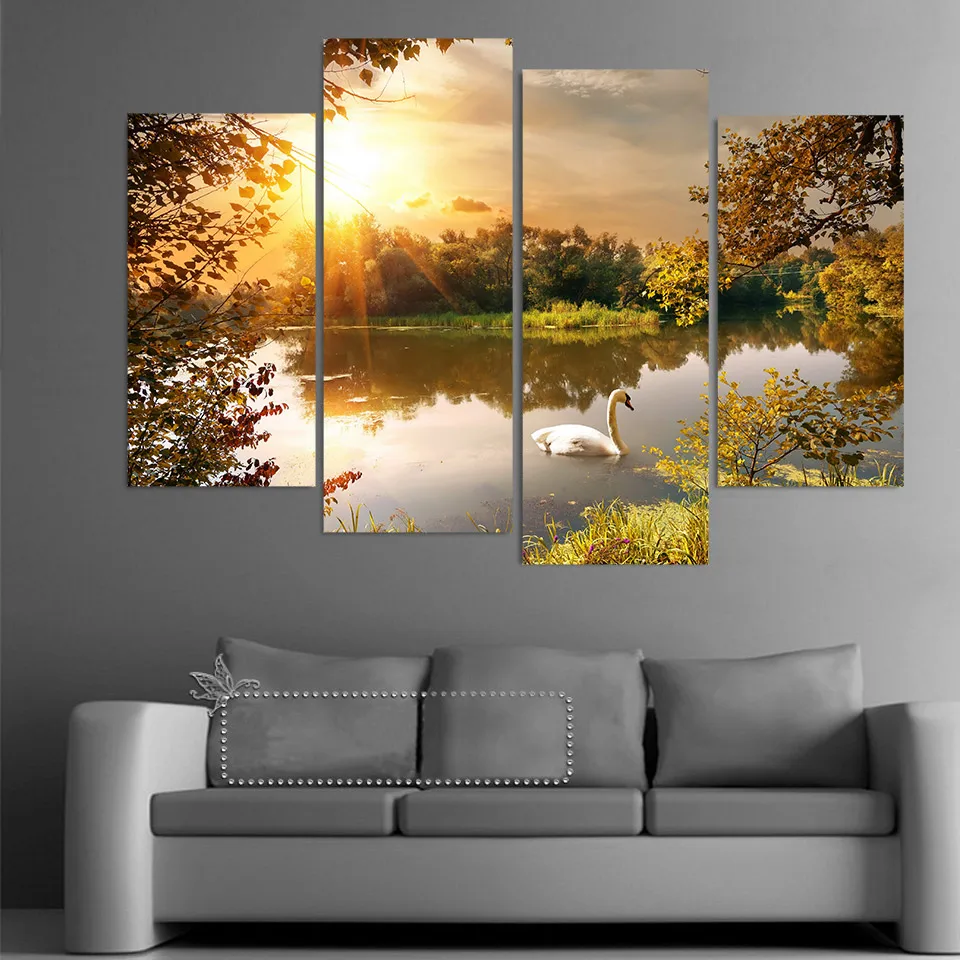 

Painting Wall Art Abstract Decorative 4 Panel Ocean Park Swan Canvas Modular Pictures For Living Room Bedroom Prints No Frame