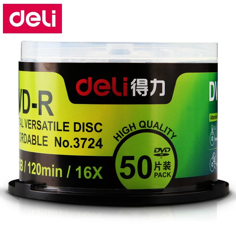50 шт./лот Deli DVD-R пустые диски записываемый Цифровой Универсальный диск 4,7 GB/120 min/16x DVD-R диски полный пакет