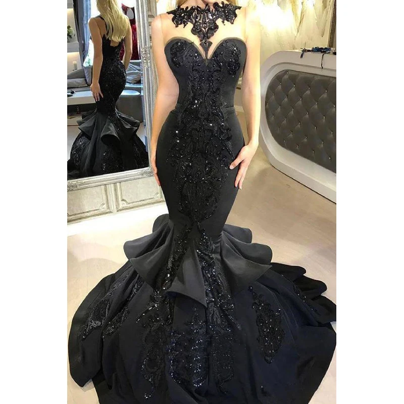 

Sexy Black Mermaid Prom Dresses New Sleeveless Sequined Sparkly Tiered Sweep Strain Formal Women Evening Party Gowns