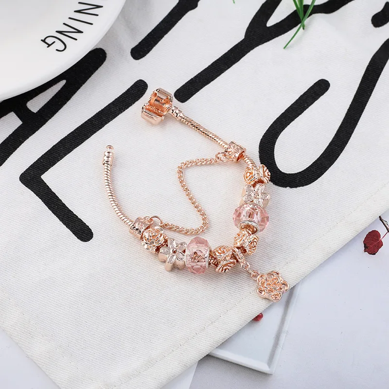 Подходит к оригинальному браслету с подвеской Rosa Beads Весна розовое золото цвет цветок безопасная цепь браслеты для женщин модные ювелирные изделия DIY Pulseras