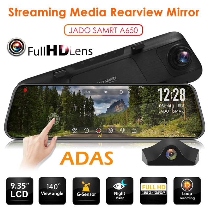 JADO A650 FHD 1080p Автомобильный видеорегистратор Камера 9,3" ips сенсорный экран зеркало заднего вида Dash Cam ADAS звездный свет; ночное зрение рекордер видеорегистратор авторегистратор