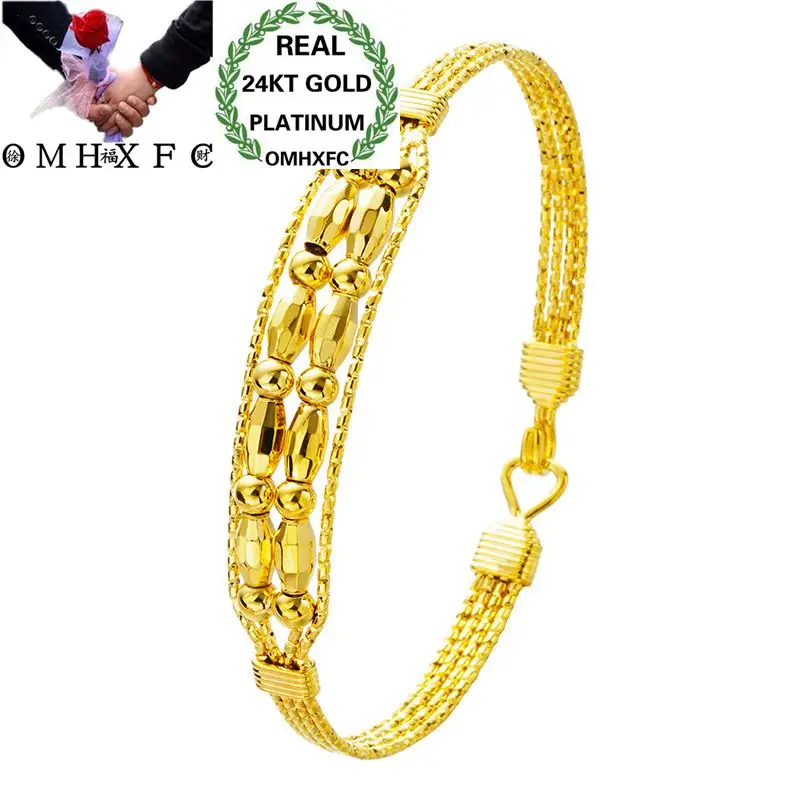 

OMHXFC Wholesale European Fashion Woman Girl Party Wedding Gift Knitting Lucky Beads 24KT Gold Bangles Bracelets BE125