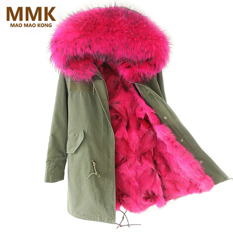 Женское пальто с капюшоном и подкладкой из лисьего меха толстая парка армейского