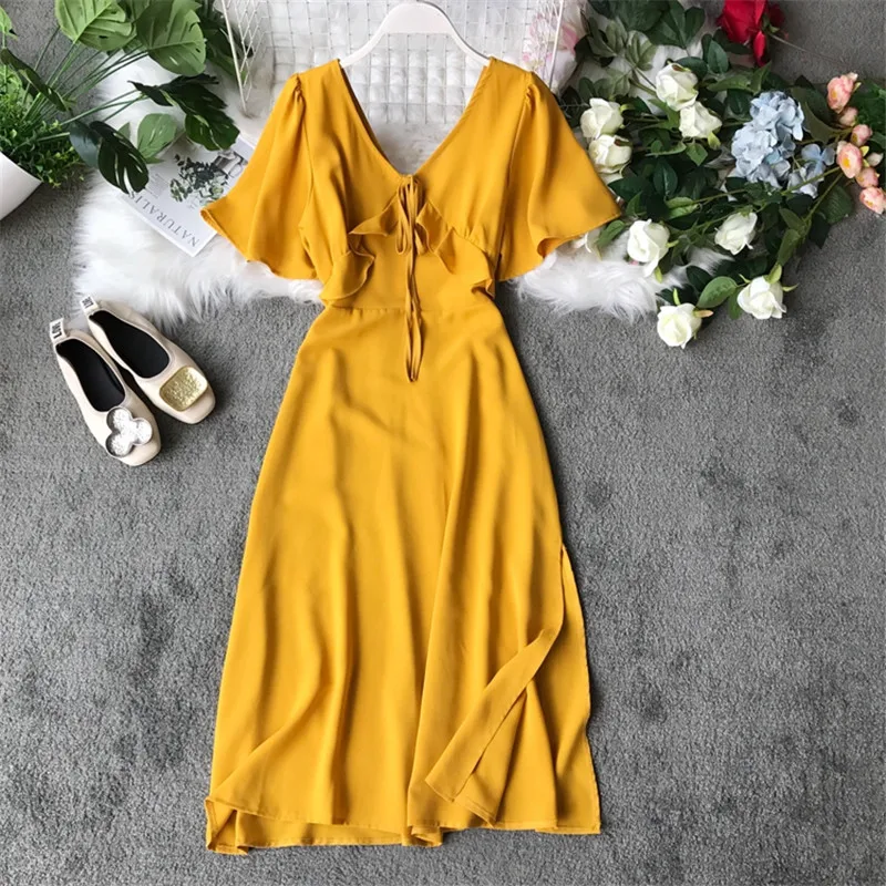 yellow Океанlove однотонные шикарные элегантные длинные платья летнее пляжное Стильное женское платье с коротким рукавом на шнуровке ТРАПЕЦИЕВИДНОЕ шикарное платье 11598 - Цвет: yellow