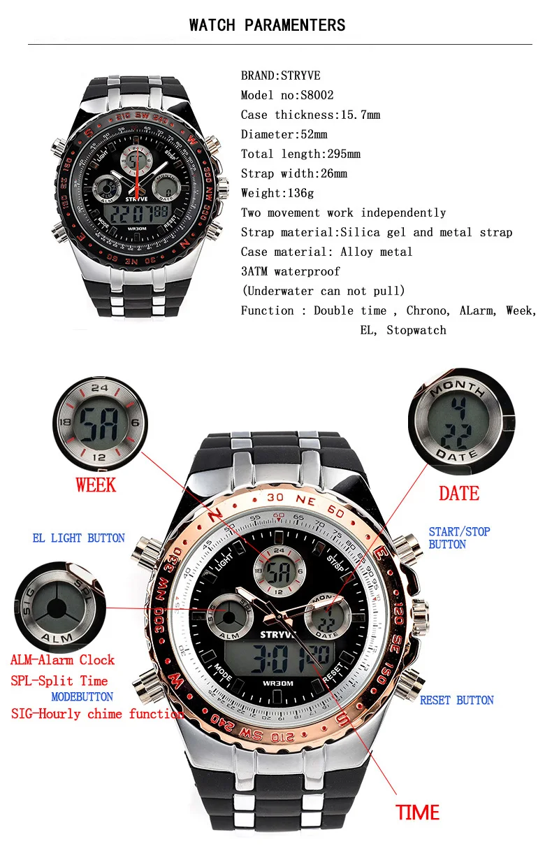Люксовый бренд STRYVE S8002 наручные часы Montre Homme многофункциональные спортивные часы армейские военные тяжелый циферблат Будильник светодиодные аналоговые часы