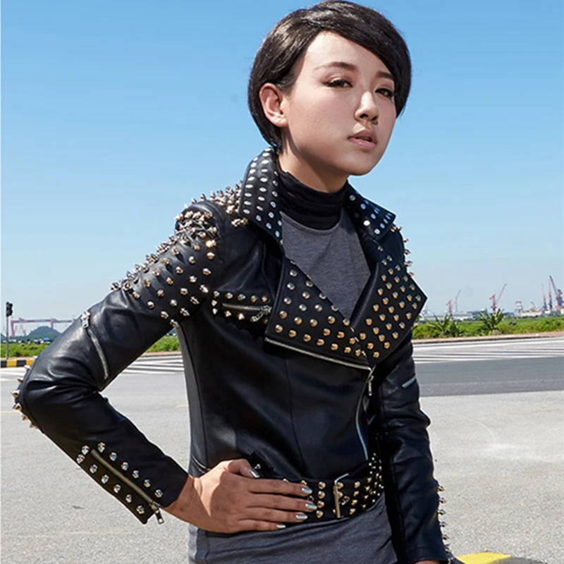 Высокого качества кожаная куртка Для женщин в стиле панк искусственная кожаное