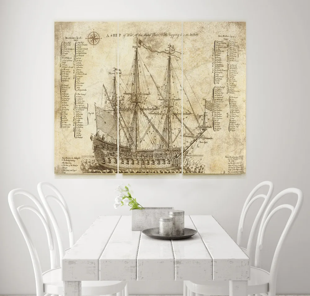 Старый линкор синяя печать жикле холст искусство офисный декор Vinage Art Холст без