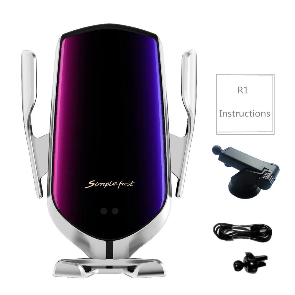 Silver Suction cup Автомобильное беспроводное зарядное устройство QI 10 Вт быстрое зарядное устройство R1 автоматический зажимной инфракрасный индукционный автомобильный держатель телефона для Iphone X 8 samsung S10 S9 - Тип штекера: Silver Suction cup