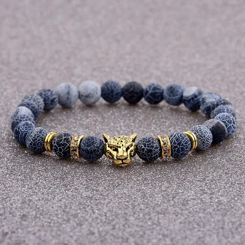 

OIQUEI Blue Natural Lava Rock Stone Bracelets Men Charm Jewelry Metal Animal Leopard Head Beads Beaded Bracelet Hommes Pulseiras