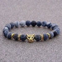 oiquei blue natural lava rock stone bracelets men charm jewelry metal animal leopard head beads beaded bracelet hommes pulseiras