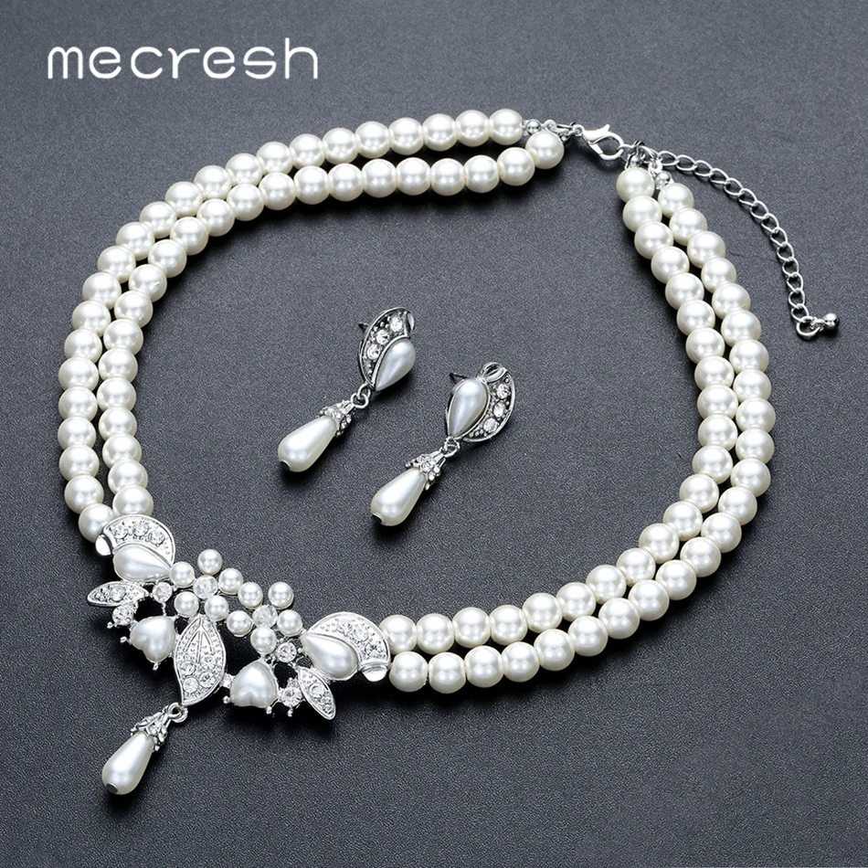 Mecresh искусственный жемчуг цветок свадебное ожерелье серьги наборы Свадебные