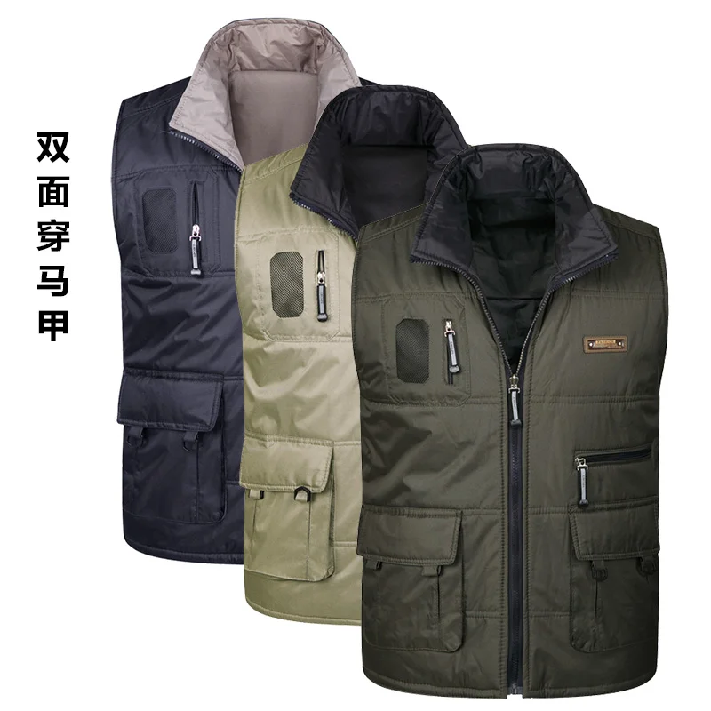 Men's new multi-pocket vest men's double-sided wear down cotton vest men's multi-pocket double-sided wear vest