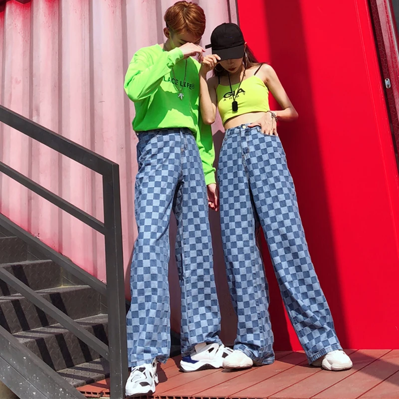 Новинка, женские хлопковые джинсы, Harajuku, клетчатые джинсы в шахматную клетку, свободные клетчатые брюки, винтажные джинсы, подходящие по цвету, женские брюки