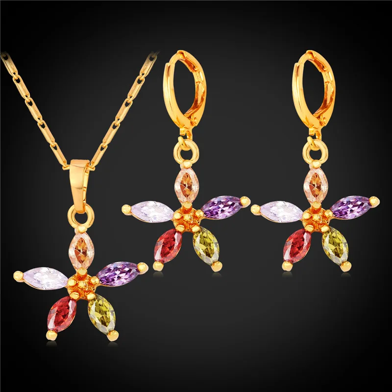 

Zirconia Crystal Flower Jewelry Earrings And Pendant Necklace Set Gold/Silver Color Bridesmaid Jewelry Set Women PE252