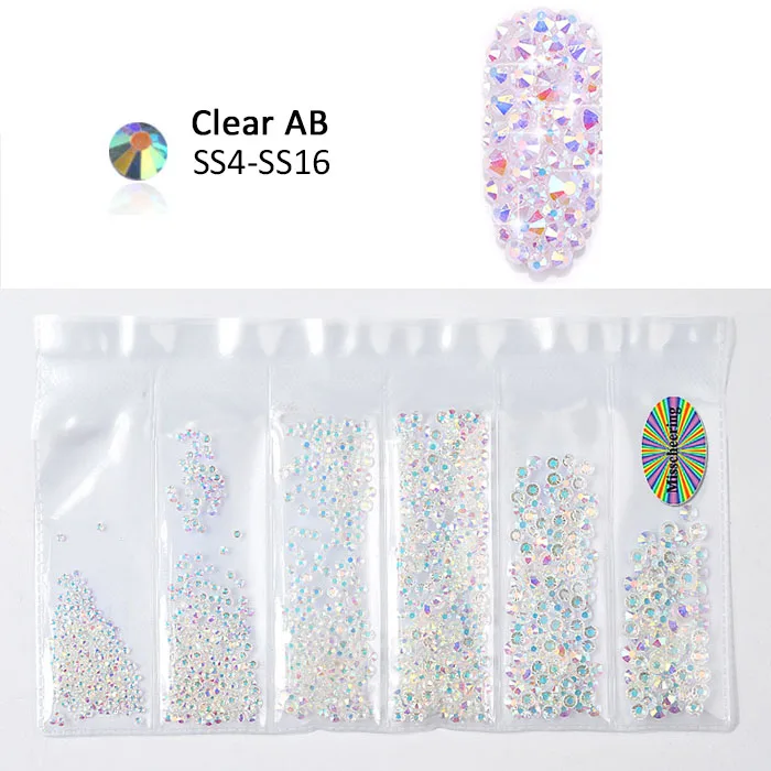 19 Clear AB 1 упаковка, смешанные SS4-SS16 Стразы для ногтей, цветные кристаллы AB, стеклянные камни без горячей фиксации, стразы с плоской задней поверхностью, блестящие украшения для ногтей - Цвет: 19 Clear AB