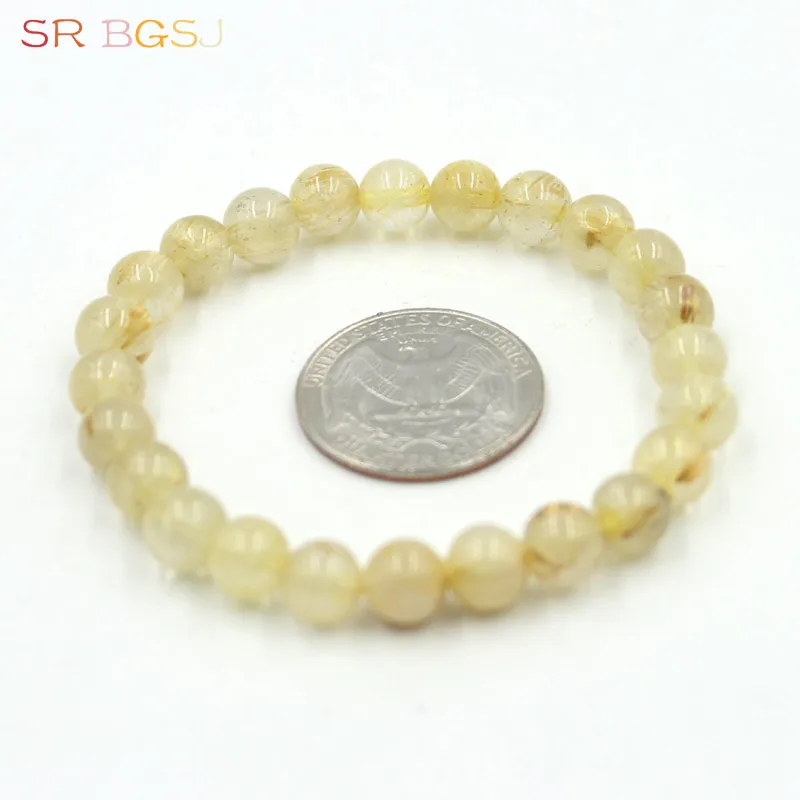 Free Shipping 6 8 10mm Round Genuine Yellow Gold Rutilated Quartz Gems Natural Stone Stretchy Women Bracelet 7&quot 7.5&quot 8&quot|women