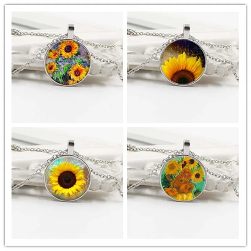 

New fashion sunflower glass pendant necklace girl jewelry gift wholesale